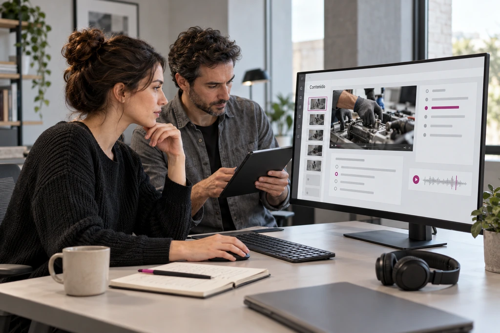 Dos personas revisan un curso en pantalla y una fuente en una tableta.