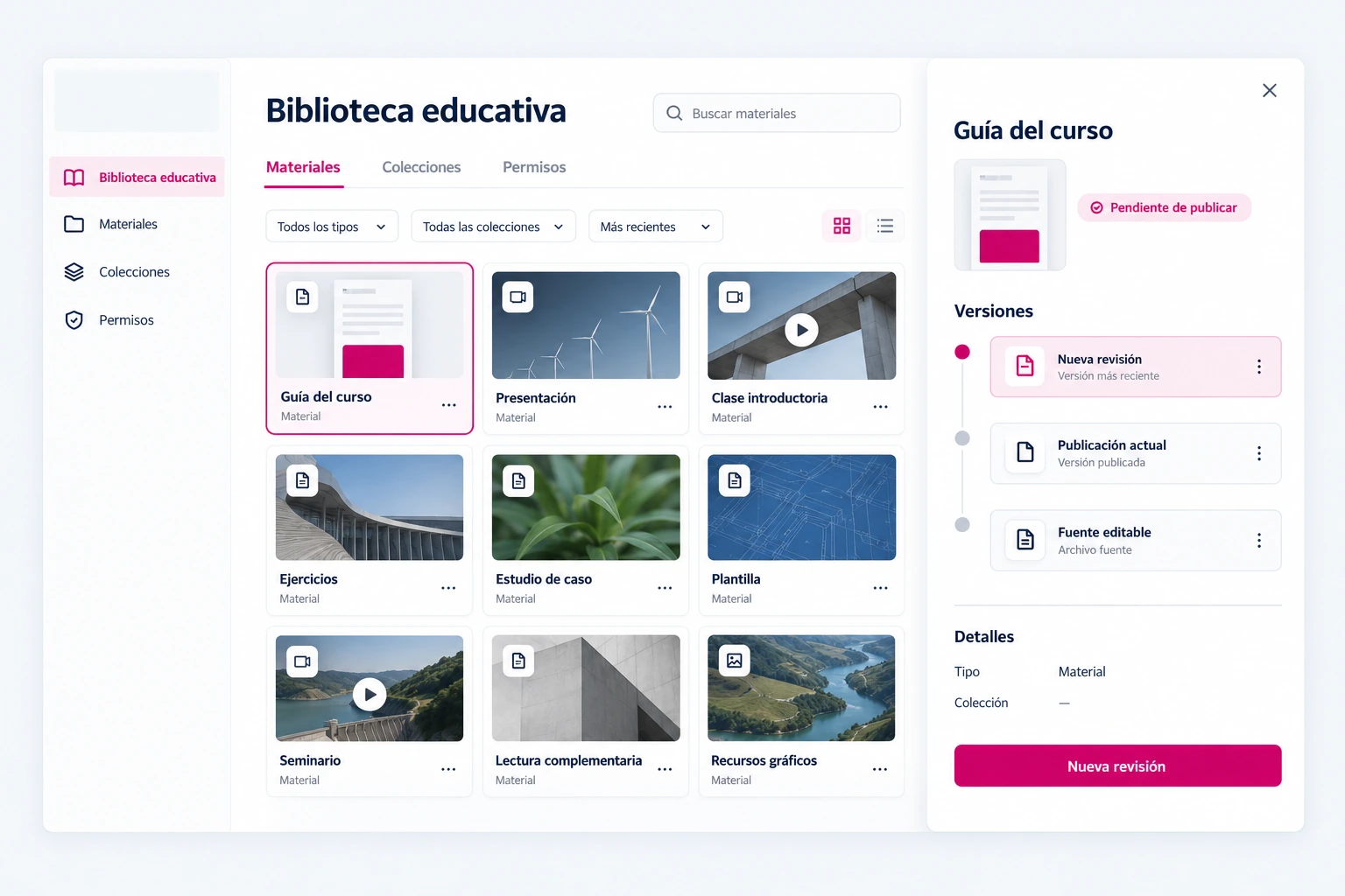 Biblioteca educativa con fuentes editables, versiones y revisión de la publicación utilizada en un curso.
