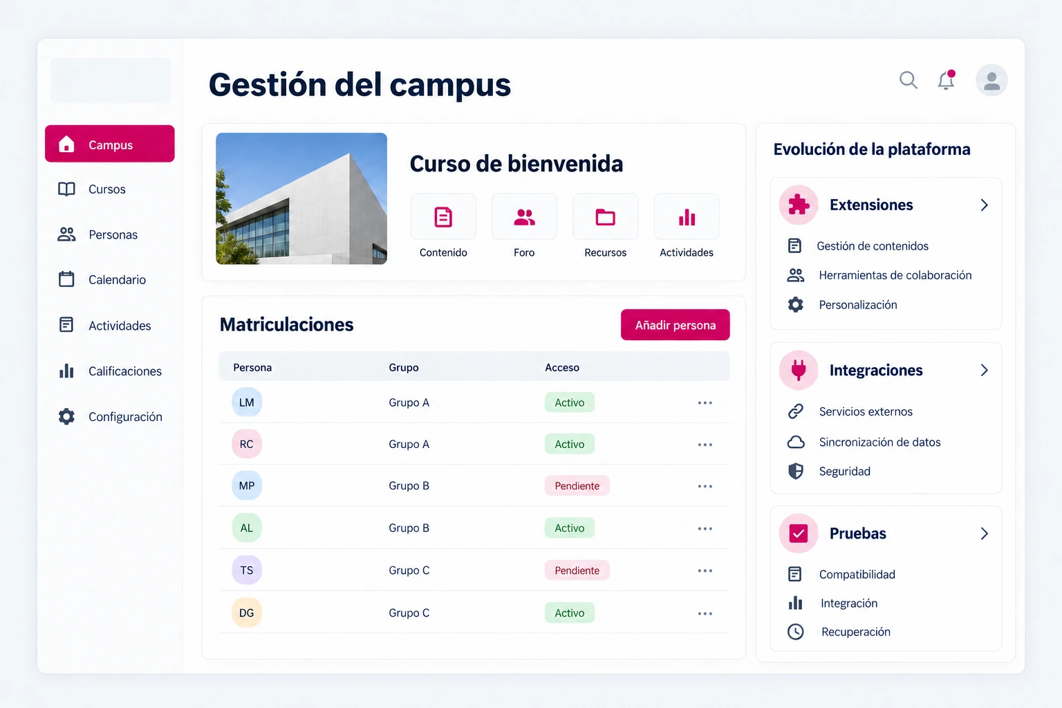 Campus educativo con curso, grupos, matrícula y opciones de evolución técnica.