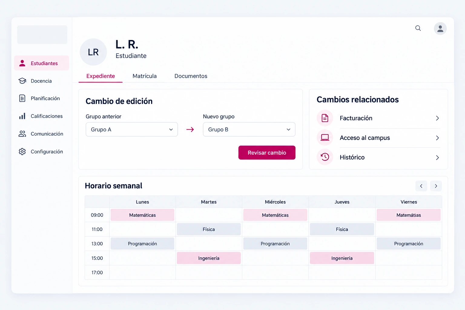 Expediente académico con cambio de edición y relación entre grupo, facturación y acceso.
