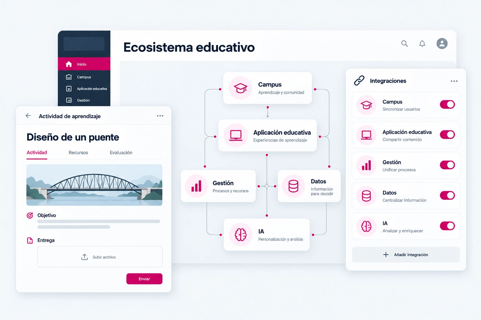 Ecosistema educativo que reúne campus, aplicaciones independientes, gestión, datos e inteligencia artificial.
