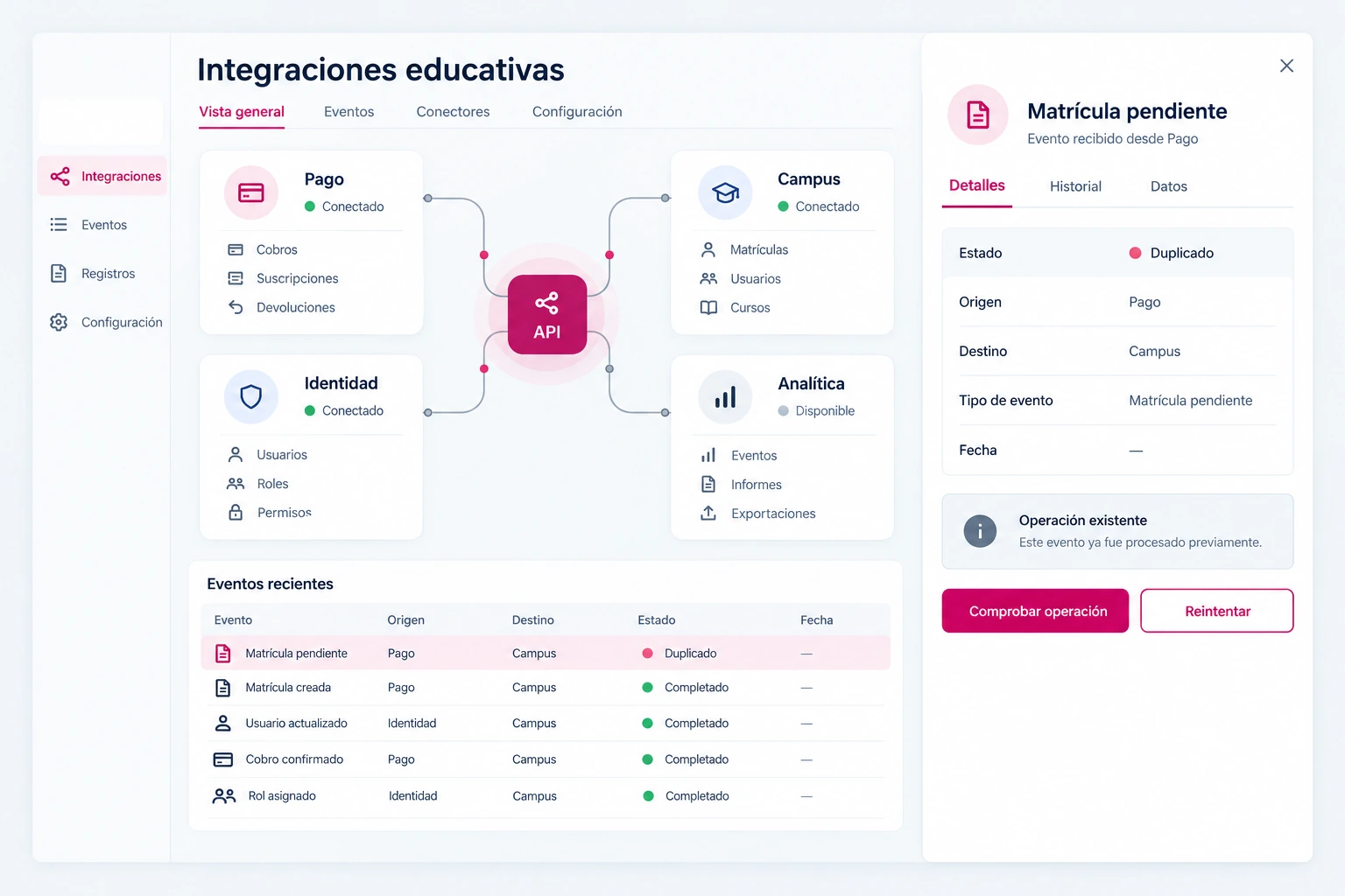Integración de pago, identidad y campus con registro de una matrícula pendiente y recuperación controlada.