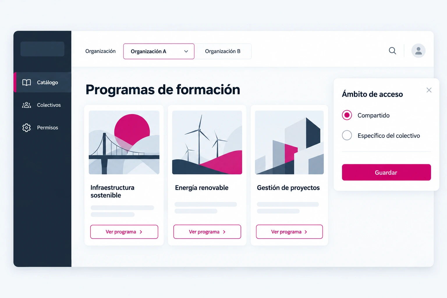 Plataforma de formación para varios colectivos con catálogos, permisos y programas diferenciados.