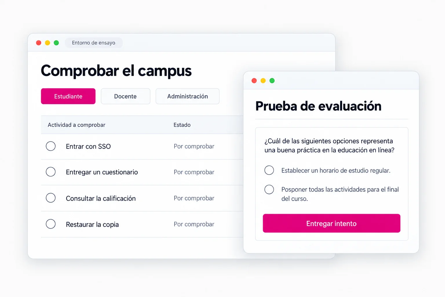 Ejemplo conceptual de pruebas del campus por rol: acceso SSO, entrega de cuestionario, calificación y restauración pendientes.
